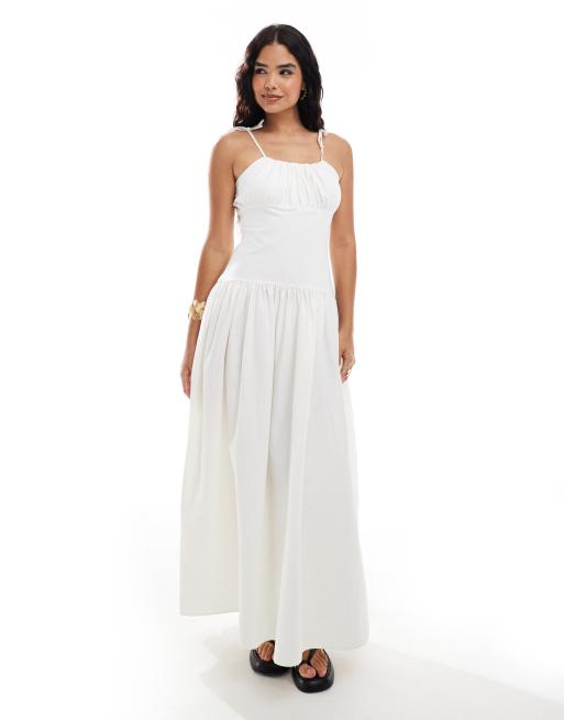 ASOS DESIGN - Robe longue en popeline mélangée avec buste froncé - Crème