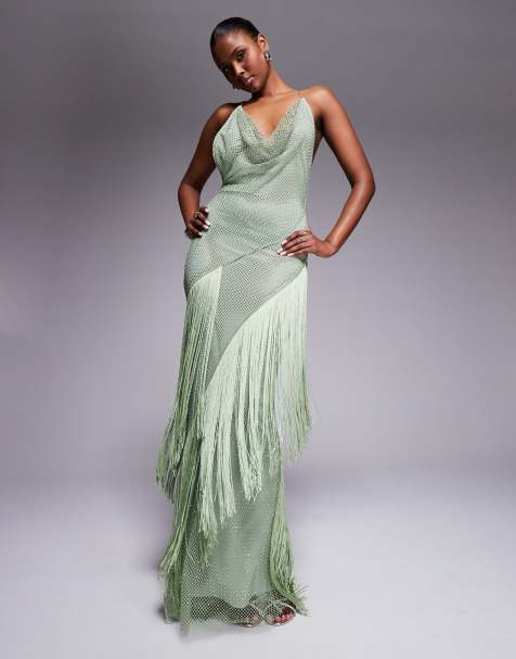ASOS DESIGN - Robe longue en résille ornée de strass avec col bénitier et franges - Pistache - view 1