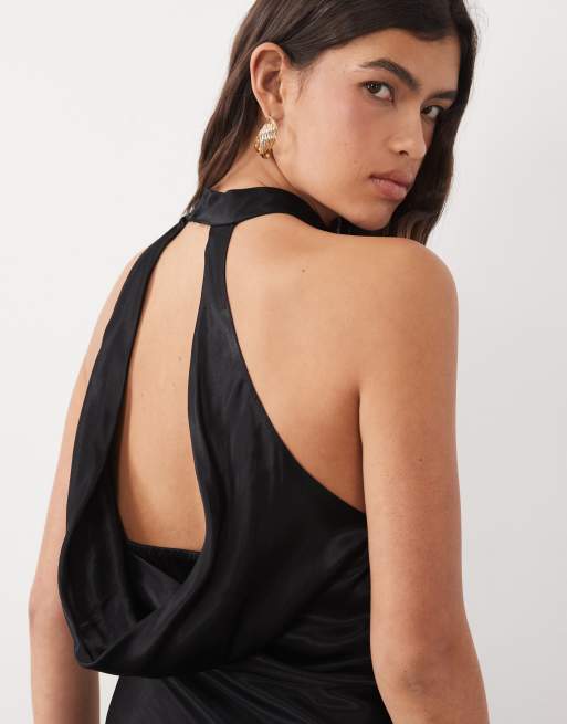 ASOS DESIGN robe longue en satin à col bénitier plongeant noire, 2 de 4