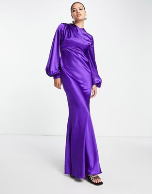 ASOS DESIGN - Robe longue en satin à col montant et manches blousantes - Violet | ASOS