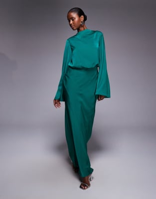 Robe longue en satin à corsage bouffant et manches longues - Bleu acier 38