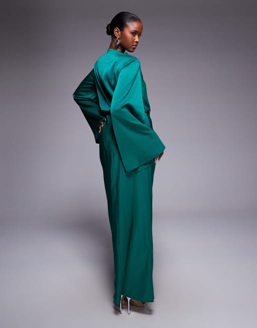 ASOS DESIGN - Robe longue en satin à corsage bouffant et manches longues - Bleu acier, 2 de 4