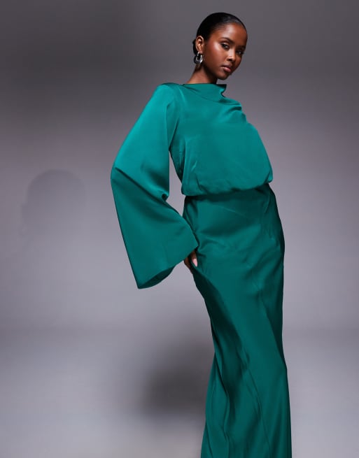 ASOS DESIGN - Robe longue en satin à corsage bouffant et manches longues - Bleu acier, 4 de 4