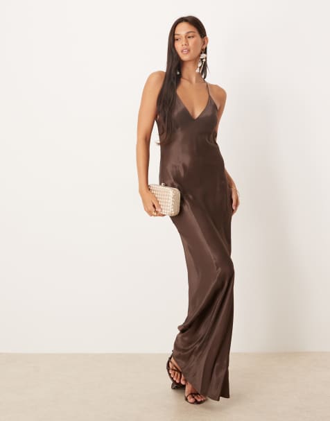 ASOS DESIGN - Robe longue en satin à coutures apparentes - Chocolat - view 1