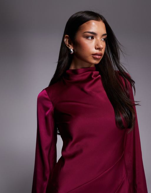 ASOS DESIGN - Robe longue en satin à coutures apparentes et volants - Rouge foncé, 2 de 4