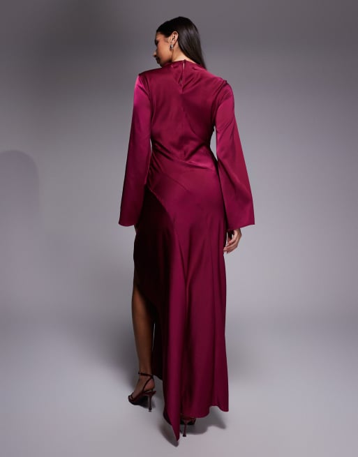 ASOS DESIGN - Robe longue en satin à coutures apparentes et volants - Rouge foncé, 3 de 4