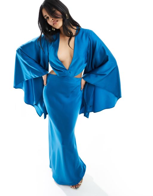 ASOS DESIGN - Robe longue en satin à découpes et manches exagérées - Bleu