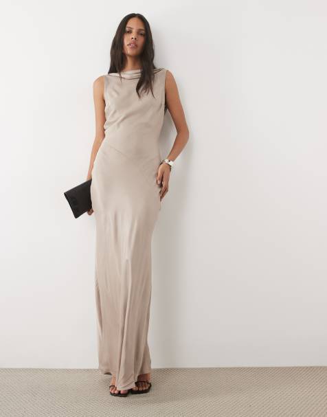 ASOS DESIGN robe longue en satin à dos drapé couleur champignon - view 1