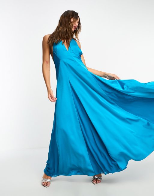 ASOS DESIGN Robe longue en satin dos nu et d collet plongeant avec empi cement en mousseline Bleu fonc