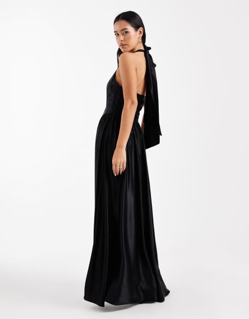 ASOS DESIGN - Robe longue en satin à encolure bateau et coutures apparentes - Noir, 4 de 4