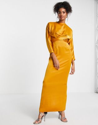 ASOS DESIGN satin maxi dress with batwing sleeve and wrap waist in mustard - ASOS Price Checker