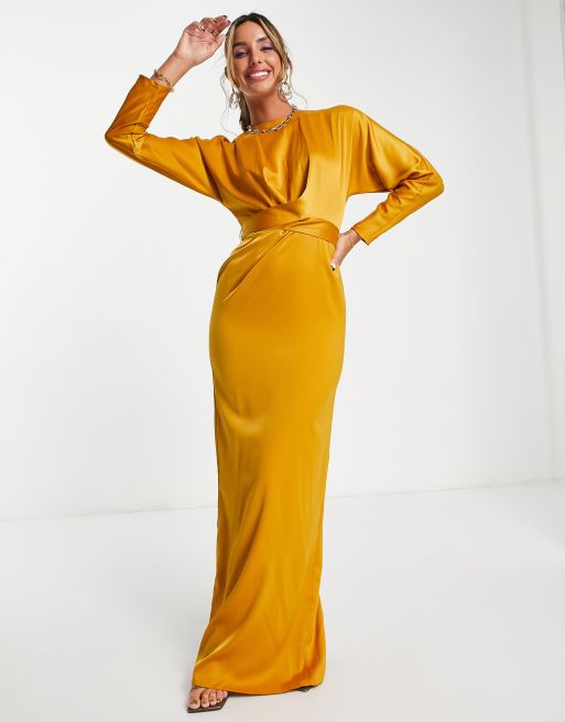 ASOS DESIGN Robe longue en satin manches chauve souris et taille crois e Moutarde