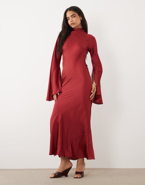 ASOS DESIGN - Robe longue en satin à manches fendues et détail foulard - Prune - view 1