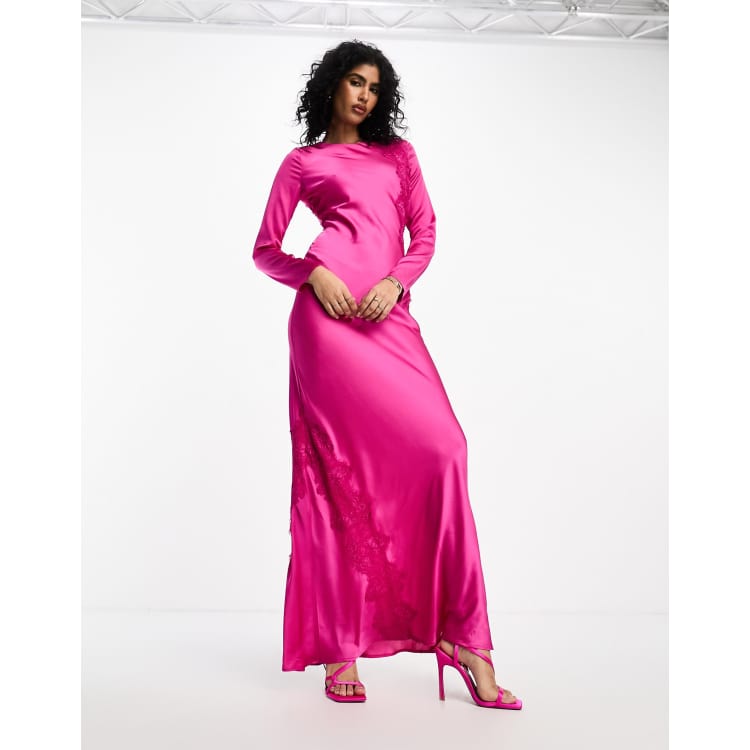 ASOS DESIGN Robe longue en satin a manches longues avec dentelle appliquee Rose fuchsia ASOS