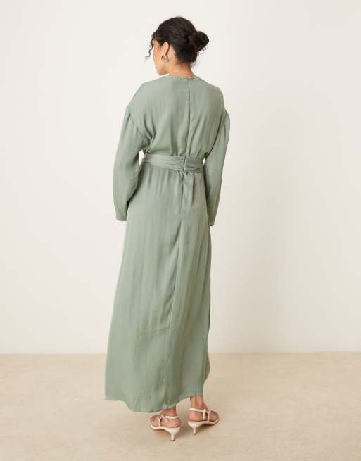 ASOS DESIGN - Robe longue en satin à manches longues avec liens à nouer - Vert sauge, 2 de 4