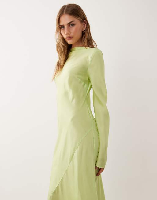 ASOS DESIGN - Robe longue en satin à manches longues et encolure bateau - Citron vert, 2 de 4