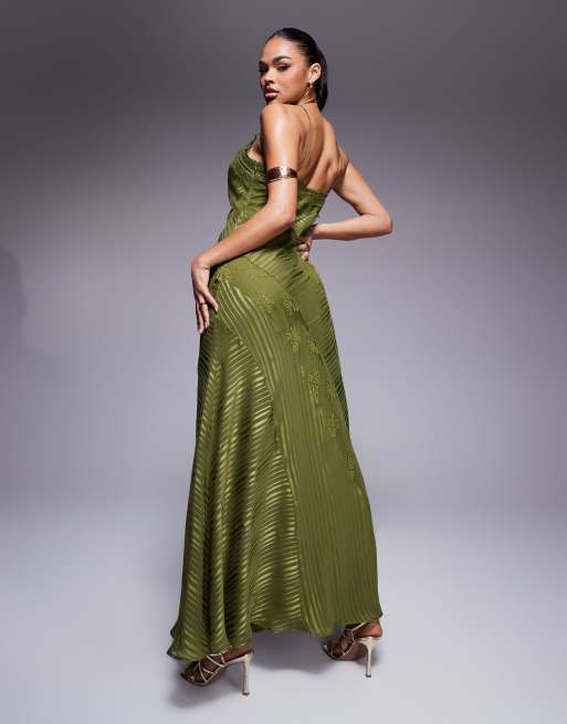 ASOS DESIGN - Robe longue en satin à rayures avec empiècements en dentelle - Vert, 2 de 4