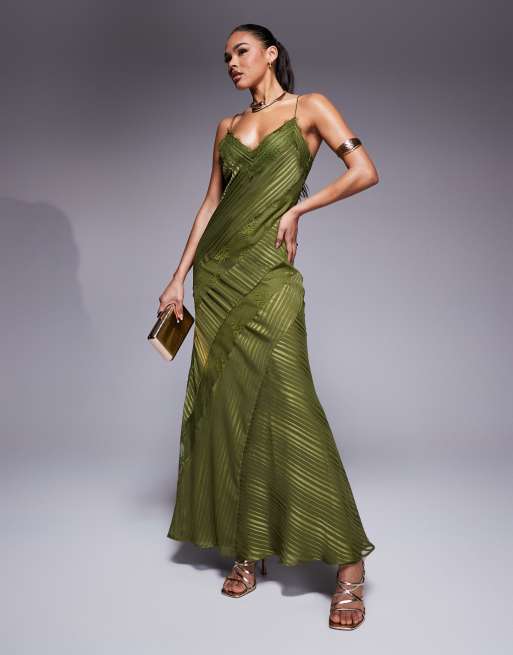 ASOS DESIGN - Robe longue en satin à rayures avec empiècements en dentelle - Vert, 4 de 4
