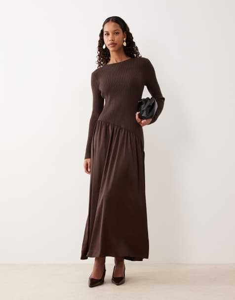 ASOS DESIGN - Robe longue en satin avec bordure tissée - Chocolat - view 1