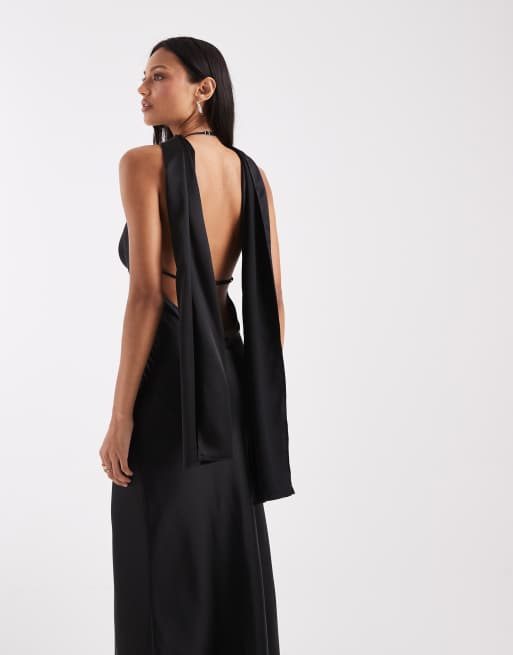 ASOS DESIGN - Robe longue en satin avec col bénitier et foulard - Noir, 2 de 4