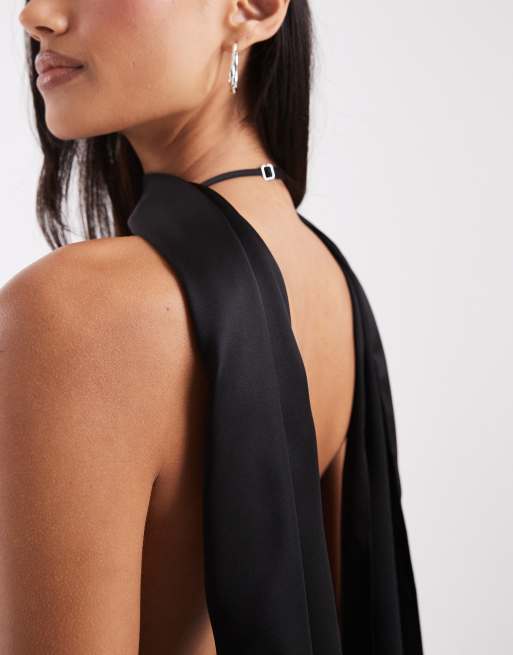 ASOS DESIGN - Robe longue en satin avec col bénitier et foulard - Noir, 3 de 4