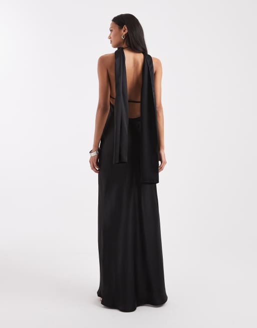 ASOS DESIGN - Robe longue en satin avec col bénitier et foulard - Noir, 4 de 4