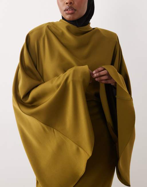 ASOS DESIGN - Robe longue en satin avec col cheminée et manches oversize - Vert olive, 3 de 4