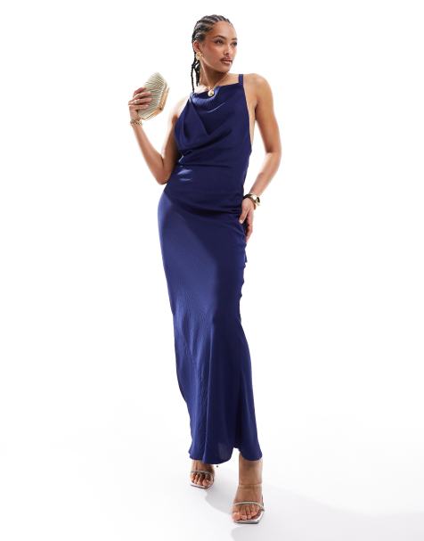 ASOS DESIGN - Robe longue en satin avec dos bénitier et bretelles à boucle - Bleu marine - view 1