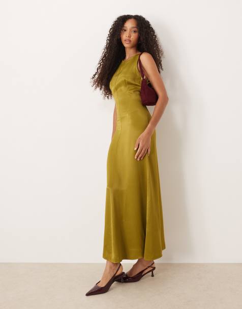 ASOS DESIGN - Robe longue en satin avec dos nageur - Olive - view 1