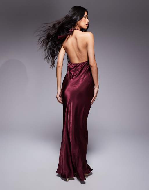ASOS DESIGN - Robe longue en satin avec encolure américaine et liens sur le devant - Bordeaux, 2 de 4