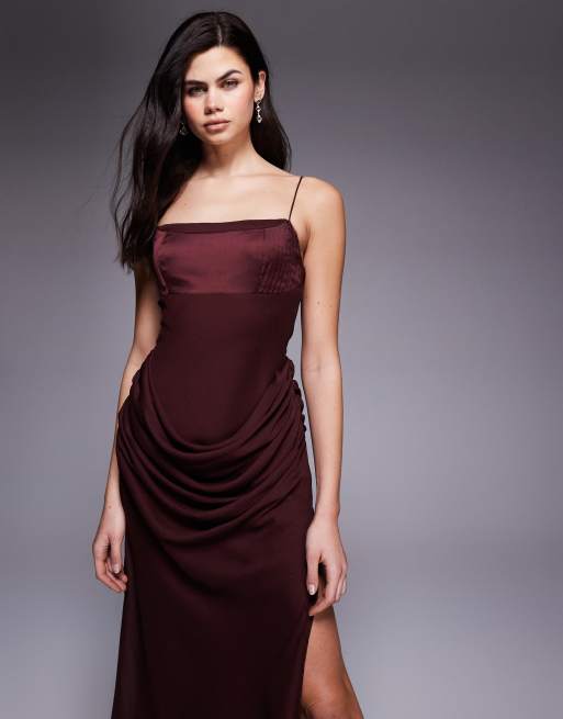 ASOS DESIGN - Robe longue en satin avec encolure carrée et jupe en mousseline effet drapé - Chocolat, 3 de 4