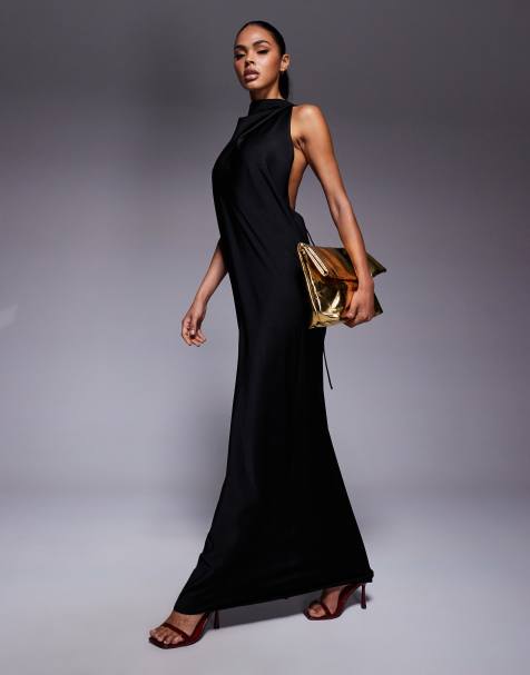 ASOS DESIGN - Robe longue en satin avec encolure montante et détail métallique doré - Noir - view 1