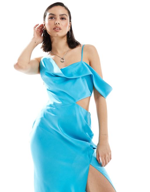 ASOS DESIGN Robe longue en satin avec epaules asymetriques et decoupe Turquoise