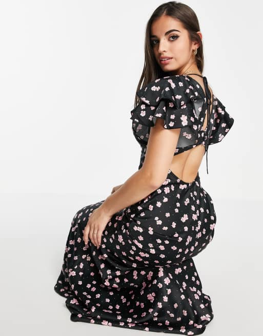 ASOS DESIGN - Robe longue en satin avec manches à volants, liens sur l'avant et imprimé petites fleurs, 2 de 4