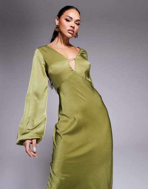 ASOS DESIGN - Robe longue en satin avec manches blouson et col en V - Vert olive - view 1