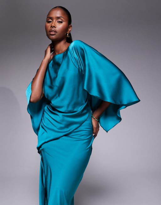 ASOS DESIGN - Robe longue en satin avec manches capes, dos ouvert et fente longue - Sarcelle, 3 de 4