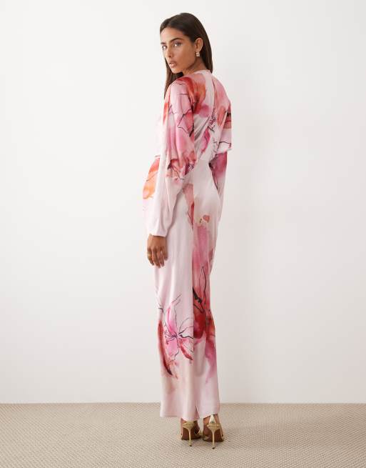 ASOS DESIGN - Robe longue en satin avec manches chauve-souris et imprimé fleurs - Rose, 4 de 4