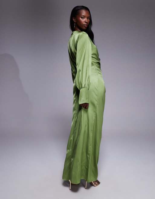 ASOS DESIGN - Robe longue en satin coupée en biais et torsadée devant avec détail doré - Vert olive, 3 de 4