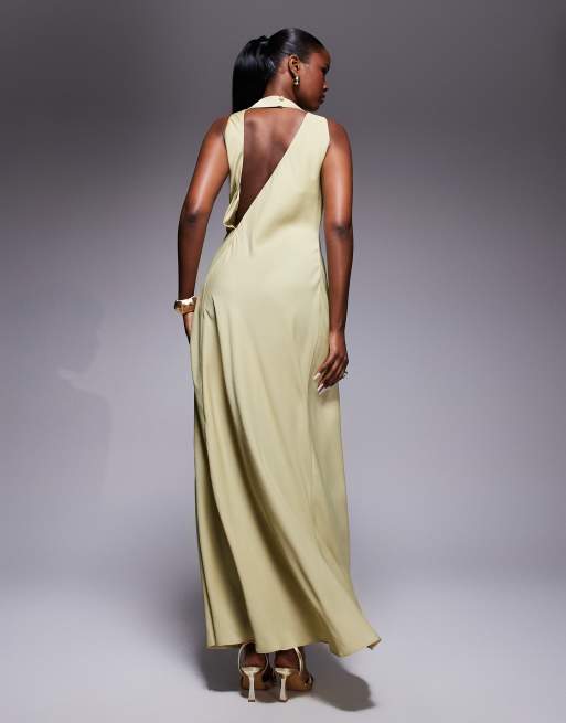 ASOS DESIGN - Robe longue en satin drapée à col montant et détails froncés - Olive pâle, 3 de 4