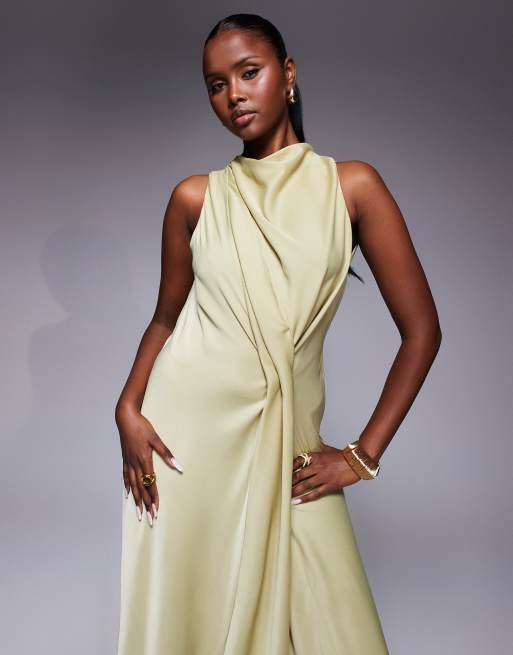ASOS DESIGN - Robe longue en satin drapée à col montant et détails froncés - Olive pâle, 4 de 4