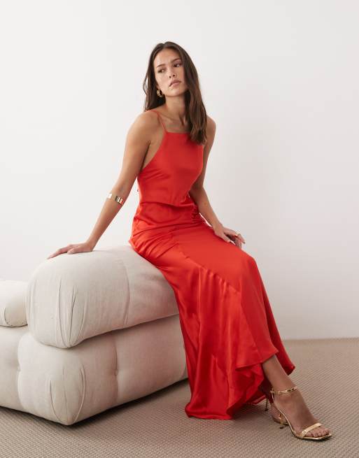 ASOS DESIGN - Robe longue en satin et mousseline mélangés à encolure carrée - Corail, 2 de 4
