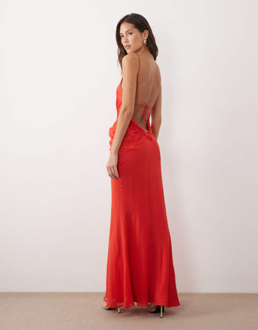ASOS DESIGN - Robe longue en satin et mousseline mélangés à encolure carrée - Corail, 3 de 4