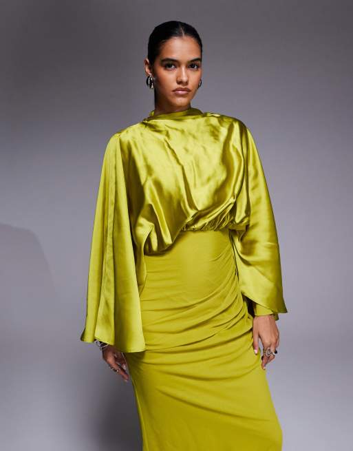 ASOS DESIGN - Robe longue en satin et mousseline mélangés avec manches évasées et jupe drapée - Citron vert, 4 de 4