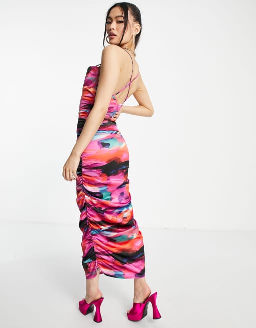 ASOS DESIGN - Robe longue en satin froncé à col bénitier - Imprimé taches, 2 de 4