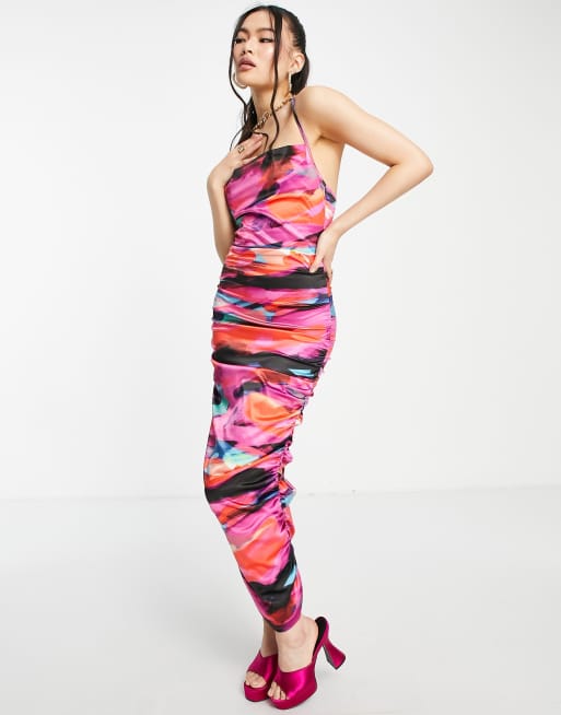 ASOS DESIGN - Robe longue en satin froncé à col bénitier - Imprimé taches, 3 de 4