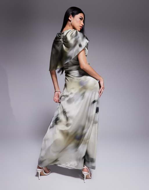 ASOS DESIGN - Robe longue en satin imprimé fleuri fumé avec encolure bateau à détail drapé, 4 de 4