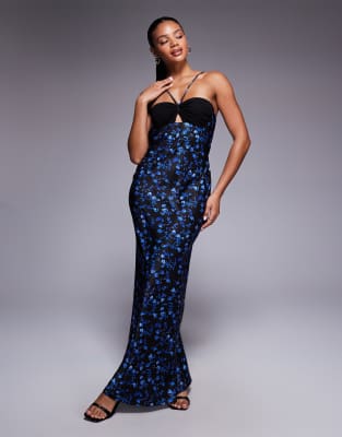 Robe longue en satin imprimé petites fleurs avec buste contrastant et dos nu orné de lanières fines - Bleu foncé-Multicolore 32