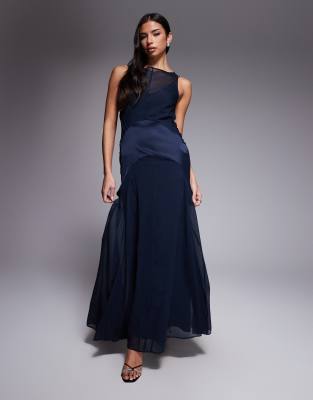 ASOS DESIGN - Robe longue en satin mélangé à taille basse - Bleu marine