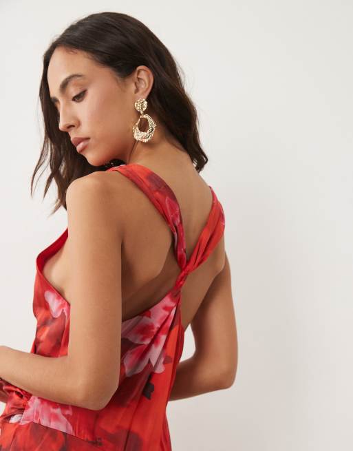 ASOS DESIGN - Robe longue en satin modal de qualité supérieure avec décolleté plongeant et imprimé fleurs - Rouge, 2 de 4