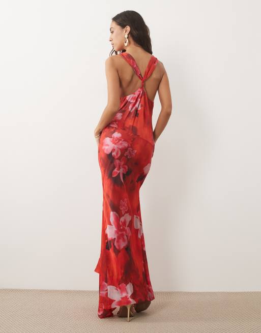 ASOS DESIGN - Robe longue en satin modal de qualité supérieure avec décolleté plongeant et imprimé fleurs - Rouge, 4 de 4